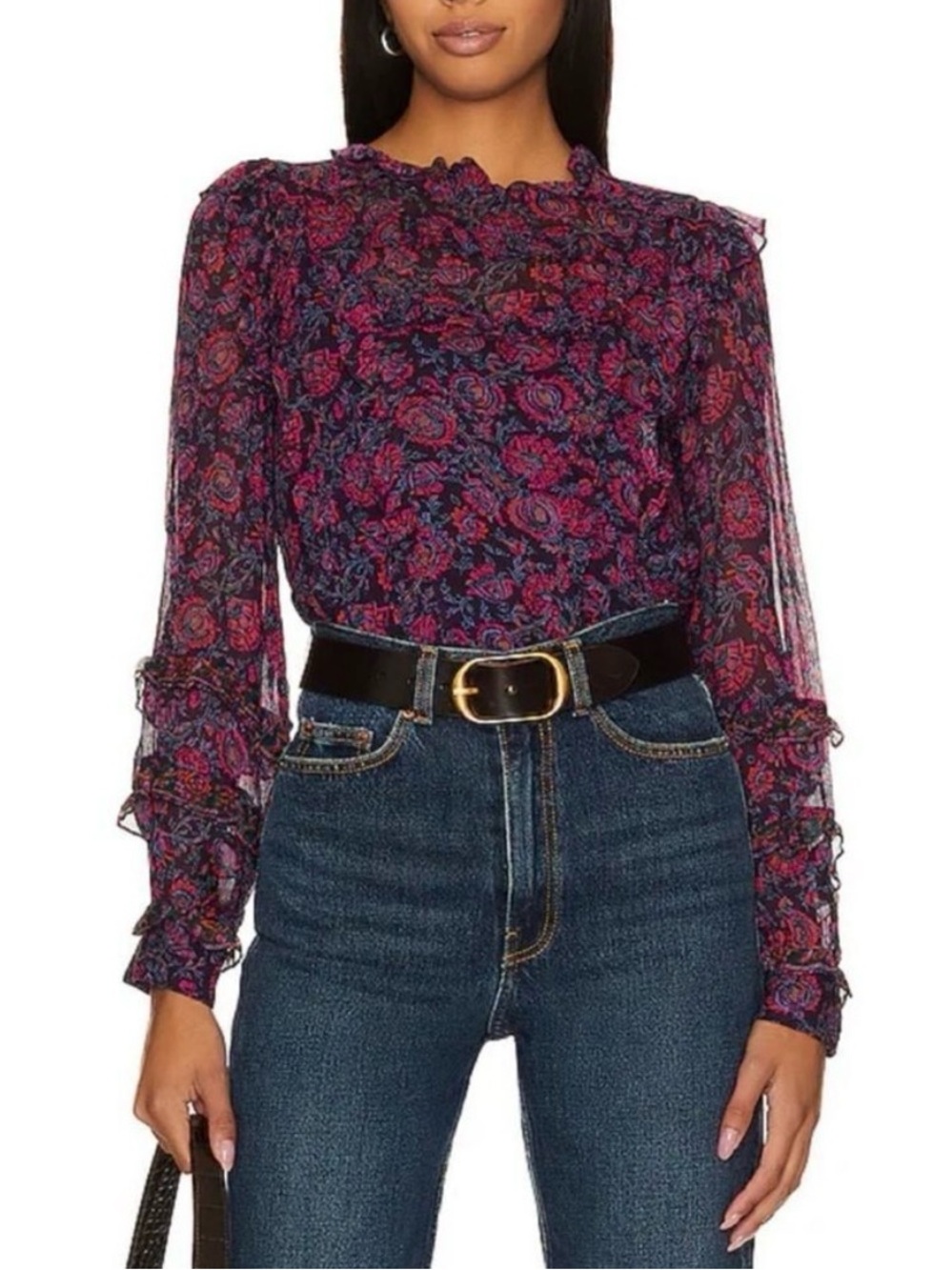 Cleobella Floral Ruffle Long-Sleeve Blouse - Pink & Navy